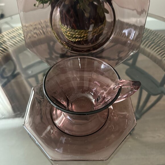MCM Hazel Atlas Amethyst Moroccan Octagon Purple Glass 3Pc Place Setting 1950\'s.